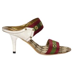 Gucci Heels Brand New * Gucci GG Beige Logo Footbed * Red & Green Gucci Canvas Straps * Euro Size: 37 * Gold Grommets * Gold Bullets * Cream Leather Accents * 3.25" Heel * With Box, Dust Cover & Heel Tips Tennis Shoe Heels, Tom Ford For Gucci, Green Gucci, Mules Heels, Chic High Heels, Ballerina Heels, Car Shoe, Lucite Heels, Gucci Heels