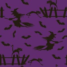 a purple background with black silhouettes of witches and bats on it, all flying in the air