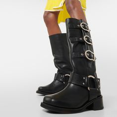 The epitome of vintage-inspired elegance. These Calf High Buckle Boots effortlessly combine style and comfort, making them a must-have addition to your footwear collection. The square toe design adds a touch of sophistication, while the block heel provides stability without compromising on height. Crafted with attention to detail, these boots feature a sturdy buckle closure for a secure fit. The timeless black color ensures versatility, making them perfect for both casual and formal occasions. S Square Toe Calf Leather Boots With Buckle Closure, Calf Leather Boots With Buckle Closure And Square Toe, Formal Calf Leather Moto Boots With Square Toe, Luxury Moto Boots With Buckle Closure For Fall, Evening Boots With Buckle Closure Medium Width, Evening Boots With Buckle Closure And Medium Width, Classic Black Square Toe Moto Boots, Calf Leather Moto Boots With Square Toe, Elegant Moto Boots With Buckle Closure And Round Toe