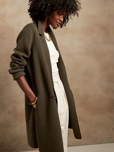 Cocoon Coatigan Sweater | Banana Republic Trends 2025, Minimalist Fashion Women, Simple Wardrobe, Buy List, Professional Wardrobe, Dark Olive Green, Fashion Line, Work Outfit, Sweater Cardigan