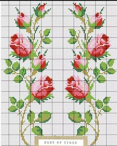 a cross stitch pattern with pink roses on the bottom and green leaves in the middle