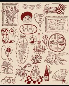 an old fashioned drawing of various items and things in red ink on white paper with black border