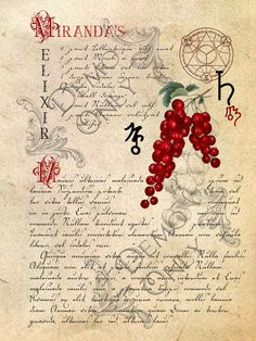 a piece of paper with some writing on it and red berries hanging from the side