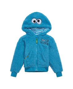 in stock Blue Hooded Sweatshirt With Cartoon Print, Fun Hooded Winter Outerwear, Playful Fleece Hoodie Outerwear, Blue Fleece Outerwear With Crew Neck, Playful Blue Winter Sweatshirt, Blue Hooded Fleece Outerwear, Blue Fleece Outerwear With Drawstring Hood, Playful Blue Long Sleeve Outerwear, Blue Hoodie With Cartoon Print For Fall