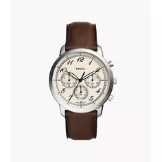 Inspired by architecture with its simple proportions and symmetry, this functional Neutra Chronograph is refined and versatile. It features an updated numeral font, stainless steel case, parchment-hued sunray dial, brown leather strap with nubuck lining and subdials for 24-hour time and stopwatch. Timeless Brown Watch With Subdials, Modern Brown Analog Watch, Modern Brown Analog Display Watch, Timeless Brown Chronograph Watch, Modern Brown Watch With Metal Dial, Modern Brown Watch With Round Dial, Timeless Brown Chronograph Watch With Tachymeter, Brown Analog Chronograph Watch With Round Dial, Brown Analog Chronograph Watch