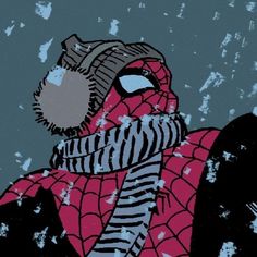 a drawing of a person wearing a spiderman hat and scarf, with snow falling on the ground