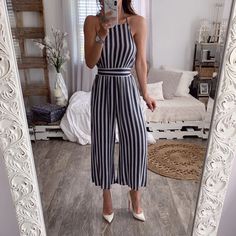 Lasaky - Sleeveless Striped Print Halter Jumpsuit Bohemian Jumpsuit, Black Halter Jumpsuit, Chiffon Jumpsuit, Summer Playsuit, Bohemian Dresses, Halter Jumpsuit, Backless Jumpsuit, Jumpsuit Elegant, Lace Jumpsuit