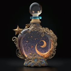 an ornate glass bottle with a crescent and star decoration