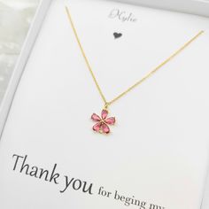 "*Description * Stone - AAA+ Cubic Zirconia * Size - 1.2cm * Necklace DAINTY Chain Size - 16\" Occasion- Party, Wedding, Bridesmaid gift, Flower Girl Gift. . Gift Box Size (W 3 4/3 L 5 1/4) This product come with your choice of jewelry card and gift box. If you want use for other occasion just indicate the card# (W01 F01 etc..) when you ordering. Thank you for visiting our shop!" Pink Flower Charm Necklace With Flower Pendant, Pink Necklace With Flower Charm For Wedding, Flower Shaped Wedding Necklace For Valentine's Day, Pink Wedding Necklace With Flower Charm, Pink Flower Charm Jewelry For Bridesmaid Gift, Flower Shaped Necklace For Valentine's Day Wedding, Pink Flower-shaped Necklaces For Mother's Day, Pink Flower Charm Necklace For Wedding, Pink Flower Shaped Necklace For Weddings