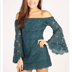 Nwt-Off The Shoulder. Black Not Teal Casual Off-shoulder Lace Dress, Casual Lace Mini Dress For Party, Casual Lace Dresses For Date Night, Casual Lace Mini Dress For Date Night, Tainted Love, Minkpink Dress, Dress With Bell Sleeves, Off The Shoulder Long Sleeve, Fitted Mini Dress