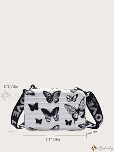 Bird in Bag - Girls Butterfly Graphic Letter Strap Box Bag for Trendy Style White Rectangular School Box Bag, Trendy White Box Bag For Gift, Trendy White Box Bag As Gift, Rectangular Box Bag For School, Trendy White Rectangular Case Bag, Trendy White Box Bag For School, Black And White Bags, Butterfly Graphic, Chevron Quilt