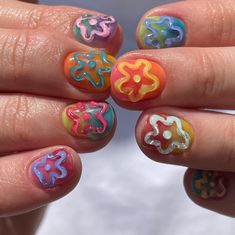 back to school nails, colorful nails, summer nails, vacation nails,nail design,nail art,nail inspo,nail ideas, floral design,nail bed,nail charms🧡🩷🩵🤍💛♥️ Princess Bubblegum Nails, Nail Ideas Floral, Colorful Nails Summer, Short Nails Inspo, Flourishing Calligraphy, Nails Vacation, Natural Nail Designs, Back To School Nails