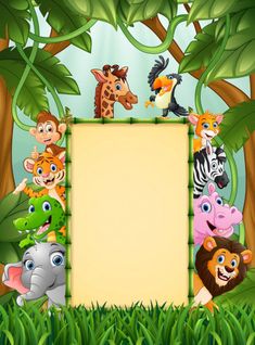 cartoon wild animals with blank sign in the jungle