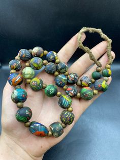 Unique old African glass beads wonderful color beads necklace Artistic Multicolor Necklaces With Large Beads, Vintage Multicolor Spacer Beads, Multicolor Wooden Beads Oval Necklaces, Multicolor Oval Wooden Beads Necklace, Multicolor Wooden Oval Beads Necklace, Artistic Beaded Necklace With Large Beads, Multicolor Necklace With Oval Wooden Beads, Vintage Multicolor Large Beads, Bohemian Glass Beaded Necklaces With Wooden Beads