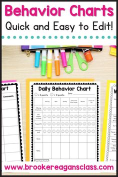 behavior chart with markers and pencils on it, next to the text behavior chart quick and easy to edit