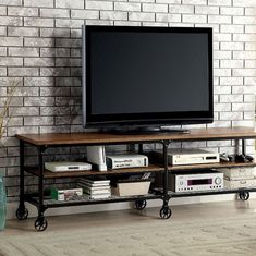 Benzara Ventura Ii Industrial 72" Tv Stand BM119866 Medium Oak Metal Wood Veneer & Others BM119866 Metal Tv Stand, Industrial Tv Stand, Oak Tv Stand, Play Station, Vintage Industrial Furniture, Tv Stand Wood, Tv Stands And Entertainment Centers, Tv Console, Entertainment Room