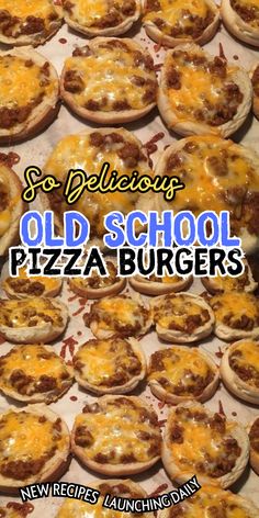 an advertisement for old school pizza burgers with the title overlay reads so delicious