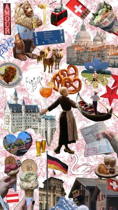 a collage of many different things including food and people in the background, with one person holding a cell phone up to their ear