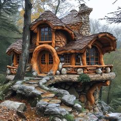 a house made out of rocks and logs