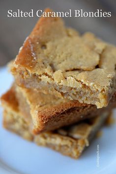 salted caramel blondies stacked on top of each other with the words salted caramel blondies above it