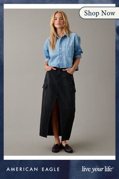 Rigid cotton denim with no stretch/Black wash/Cargo pockets/This skirt is Real Good: Made with the planet in mind & a promise to continue to do better. Denim Cargo, Do Better, Passion For Fashion, Denim Skirt, Low Rise, Women's Jeans, American Eagle Outfitters, Maxi Skirt, American Eagle