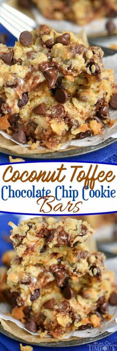 chocolate chip cookie bars stacked on top of each other with the words coconut toffee