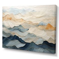 an abstract painting with blue, yellow and white waves in the ocean on a canvas