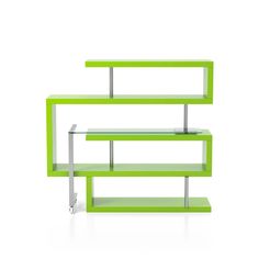 a green shelf sitting on top of a white floor next to a glass table with metal legs