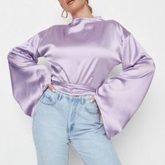 Brand New Top Perfect For Your Date Night Or Girls Night Out. Satin And Purple Is To Popular This Season. Don’t Let This Cute Top Get Away From You . Womens Blouses Summer, Flare Sleeve Top, White Cotton Blouse, Chiffon Wrap, Flared Sleeves Top, Gym Tops, Summer Blouses, Satin Top, Purple Lilac