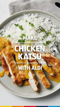 a plate with chicken, rice and vegetables on it that says make chicken katsu with aldi