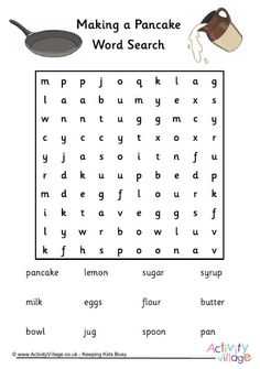 a worksheet for making a pancake word search with the words in it