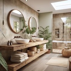 a large bathroom with two sinks and mirrors on the wall next to a bathtub