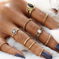 The Set Of 12 Rings, Antique Gold Finish, Yellow Gold Plated. Nailpolish Rings, Ring Inspiration, Midi Ring Set, Ring Sets Boho, Boho Crystal, Vintage Punk, Knuckle Rings, Bohemian Rings, Moda Vintage