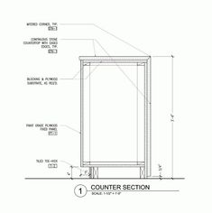 an outline drawing of the corner section for a kitchen cabinet with measurements and details on it