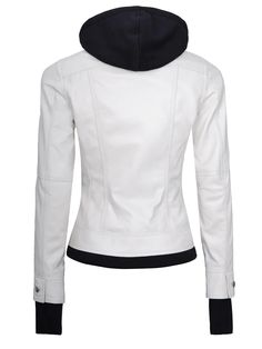 Step up your biker-inspired fashion game with the Tralee Women's White Motorcycle Leather Jacket with Hood, seamlessly blending edgy style with practical functionality. Meticulously crafted, this jacket showcases a sleek White hue that enhances the adaptability of your ensemble. Specifications: The style for all seasons. Made of 100% Real Lambskin leather Internal full lined with a soft polyester Snap-collar with removable hood and smooth zip YKK closure. Four zipped exterior pockets. One inside White Fitted Biker Jacket For Motorcycling, White Long Sleeve Edgy Biker Jacket, White Fitted Biker Jacket, White Moto Biker Jacket With Zipper, White Fitted Biker Outerwear, Mens Leather Jacket Vintage, Plus Size Leather Jacket, Maroon Leather Jacket, Leather Blazer Women