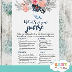 a baby shower checklist with flowers on it and the words what's in your purse