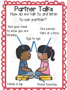 a poster with two children talking to each other and the words partner talks on it