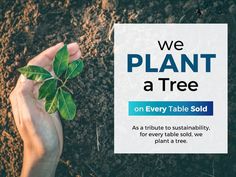 someone holding a plant in their hand with the text we plant a tree on every table sold