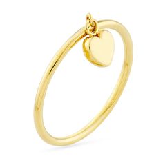 Romance is in the air, and on their finger, with this dainty dangle heart ring. 14K gold Slender polished band A petite heart dangles at the center Elegant Heart Ring With Heart Charm, Gold Stackable Rings With Heart Charm In 14k Gold, Fine Jewelry Heart Ring With Charm, Dainty 14k Gold Stackable Rings With Heart Charm, 14k Gold Stackable Rings With Heart Charm, 14k Gold Heart Ring With Charm, Dainty 14k Gold Ring With Heart Charm, Yellow Gold Open Heart Ring With Heart Charm, Yellow Gold Heart Charm Ring Fine Jewelry