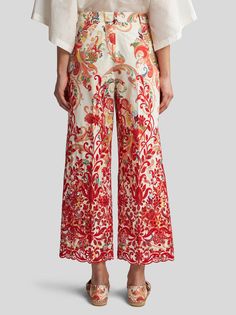 Spring Floral Print High-waisted Wide Leg Pants, High-waisted Floral Wide Leg Pants For Spring, Floral Print Summer Pants For Daywear, Summer Floral Print Pants For Daywear, Embroidered Wide Leg Trousers For Spring, Elegant Wide Leg Printed Pants, Spring Wide-leg Pants With Floral Embroidery, Elegant Printed Wide-leg Pants, Cotton Wide-leg Pants With Floral Print