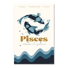 a poster for pisces with two koi fish swimming in the water and stars above