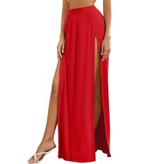 Red Multi High Split Sexy Long Skirt Hip-length Solid Mini Skirt For Party, Trendy Stretch Maxi Skirt For Party, High Waist Solid Color Skirt For Night Out, Split Bottoms For Club And Summer, Trendy High Waist Maxi Skirt For Party, Red Non-stretch Mini Skirt, Non-stretch Red Mini Skirt, Fitted Red Maxi Skirt For Summer, Summer Club Maxi Skirt