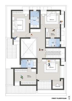 the first floor plan for a house with two floors and one bedroom on each side