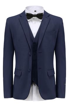 Bring understated elegance to the table in this three-piece suit crafted from rich fabric in a classic single-breasted silhouette. Jacket has notched lapels; chest welt pocket; front flap pockets Vest has front button closure; V-neck Pants have zip fly with button closure; front slant pockets; back button-welt pockets Jacket and vest are lined; trousers are lined to the knee 65% polyester, 35% viscose Dry clean Imported Each suit has a 6” drop, meaning that a size 38R jacket is paired with size Fitted Single Breasted Three-piece Suit With Notch Lapel, Formal Tuxedo Three-piece Suit With Pockets, Slim Fit Single Breasted Set With Notch Lapel, Semi-formal Slim Fit Single Breasted Three-piece Suit, Slim Fit Three-piece Suit With Single Button, Single Breasted Tailoring Sets In Suiting Fabric, Single Breasted Suiting Fabric Sets For Tailoring, Slim Fit Single Breasted Three-piece Business Suit, Semi-formal Slim Fit Three-piece Suit With Single Button