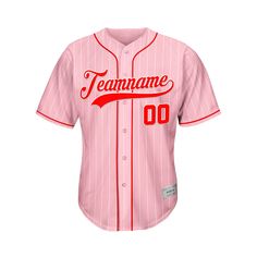 Custom Sublimation Pink Pinstripe Baseball Jersey Names and numbers are sublimated. No Minimum Order Free Shipping It will take 1-3 weeks to ship out If you would like to change the jersey's design, please contact us via the contact page or live chat. Features Made of Mesh Fabric: The jersey is 100% polyester mesh fabric. It is breathable and quickly dry. Sublimation Tracking Twill: All letters and numbers of the jersey are sublimated. Compared with traditional printed jerseys, it is durable and good-looking. For Daily Wear and Sports: The jersey weighs around 0.55 lb - 0.77 lb. You can wear it for daily, parties or sports. Authentic game-day accents and details Shorter, slimmer cut for an on-court look Size Chart Size Length Chest S 26.4'' 36.2'' M 27.2'' 39.4'' L 28'' 42.5'' XL 28.7'' 45 Pink Team Logo Jersey For Sports Season, Varsity Jersey With Sublimation Print, Pink Letter Print Baseball Jersey, Pink Team Spirit Jersey For College, Pink Jersey For Team Events With Team Spirit, Pink College Jersey With Team Spirit, Pink College Jersey With Team Spirit Style, Pink Jersey For Team Events, Team Spirit Style, Pink College Jersey For Team Spirit