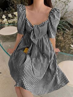 Plaid Puff Sleeve Knee Length Knotted Casual Dress Casual Gingham Puff Sleeve Dress, Casual Gingham Dress With Puff Sleeves, Cheap Summer Dresses, Red Style, Plaid Design, Comfy Casual, Red Fashion, Design Element, Puff Sleeves