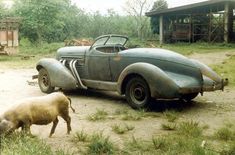 an old car parked next to a pig