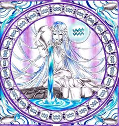 a drawing of a woman with long white hair and blue eyes sitting in front of a water fountain