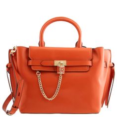 Michael Kors Ladies Satchel. SKU: 30F1G9HS9L-855. Barcode: 196163502267. Color: Deep Orange. Size: 15.5"W x 9.5"H x 6"D. Michael Kors Deep Orange Large Hamilton Legacy Belted Satchel. The Hamilton Legacy is made from 100% leather with a gold-tone hardware and 100% polyester. It features a snap fastening, back and front snap pockets, center zip compartment and top handles with 5" drop. Deep Orange, Large Handbags, 6 D, Leather Handbags, Bags Handbags, Satchel, Women Handbags, Shoe Accessories, Handles