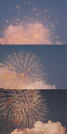 fireworks are lit up in the sky above water and clouds, with one being blown by the wind